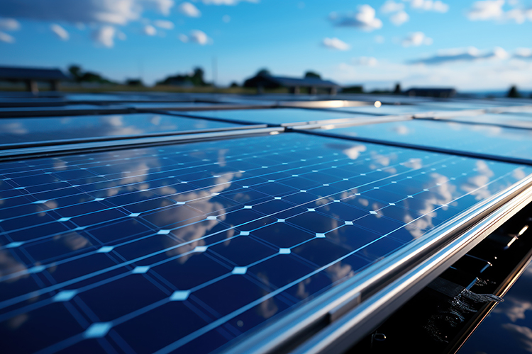 Renewable energy captured by solar panels under a clear sky.